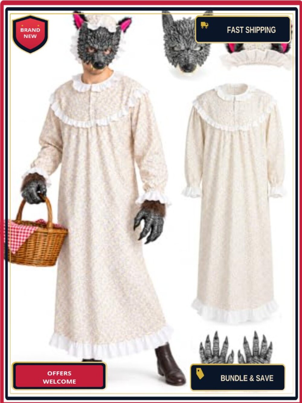Big Bad Wolf Granny Costume 4Pc Set Men Dress Hat Mask Claw Gloves Halloween